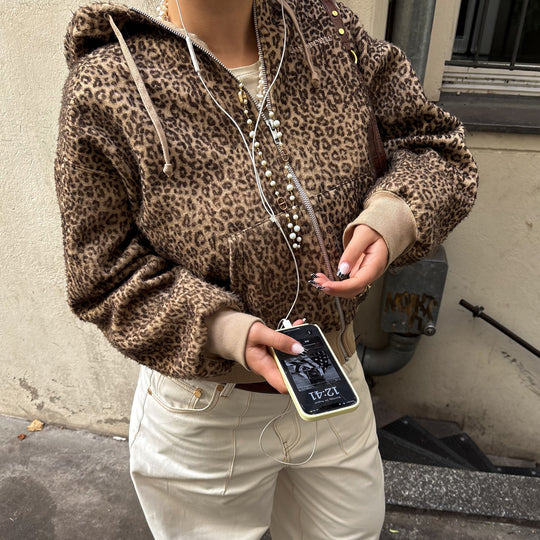 Damen kuschelige Kapuzenjacke mit tierischem Muster Fudus