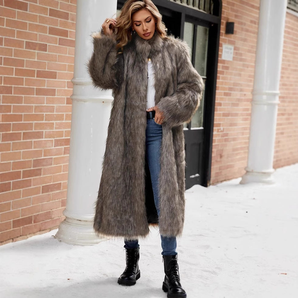 Damen Langer Kunstpelzmantel mit eleganter Kragenverzierung Fudus