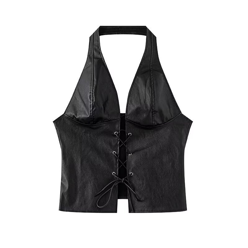 Damen Halter Neck Faux Leather Crop Top