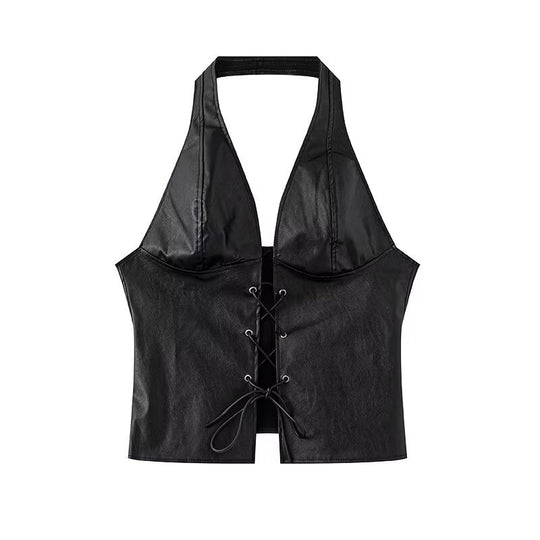 Damen Halter Neck Faux Leather Crop Top