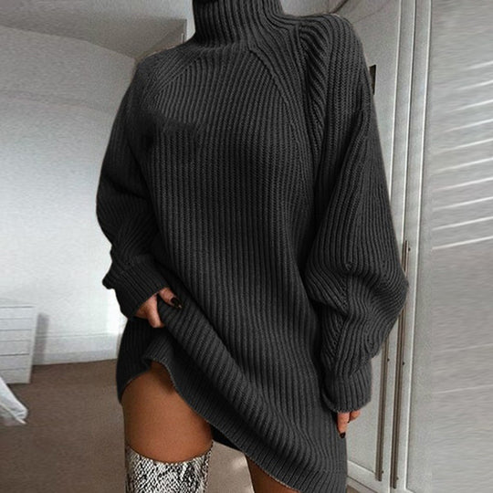 Damen Grobstrickpullover mit hohem Kragen und asymmetrischem Saum Fudus