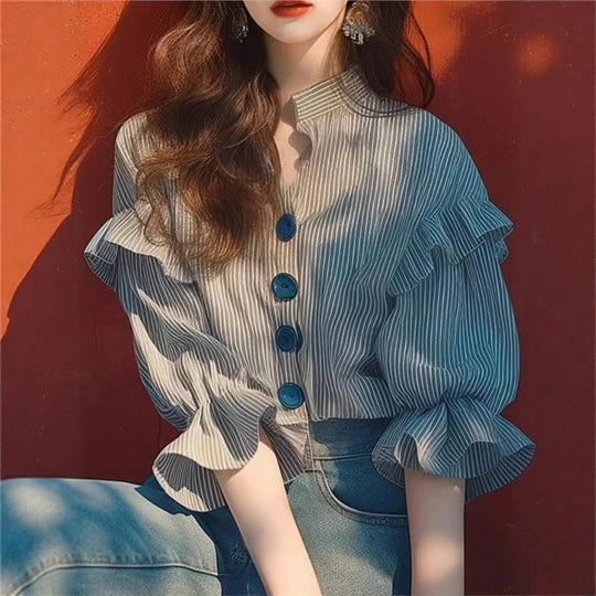 Damen Hemdbluse mit Rüschen und Knopfdetail Fudus