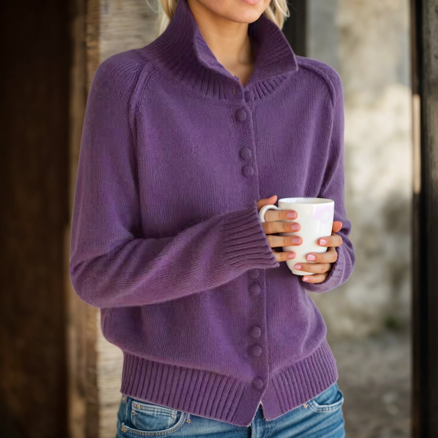 Damen Strickjacke mit hohem Kragen und eleganten Knopfdetails Fudus