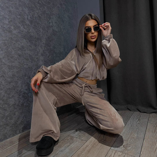 Damen kuscheliges Velours-Loungewear-Set mit weitem Schnitt Fudus
