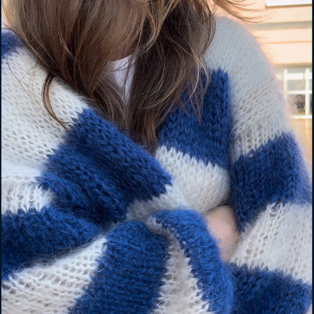 Damen Grobstrickjacke mit modischem Streifenmuster und weiten Ärmeln Fudus