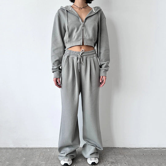 Damen modischer Cropped Hoodie und weit geschnittene Jogginghose Set Fudus