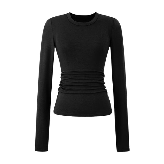 Damen langärmliges Rippenshirt mit raffinierten Drapierungsdetails Fudus
