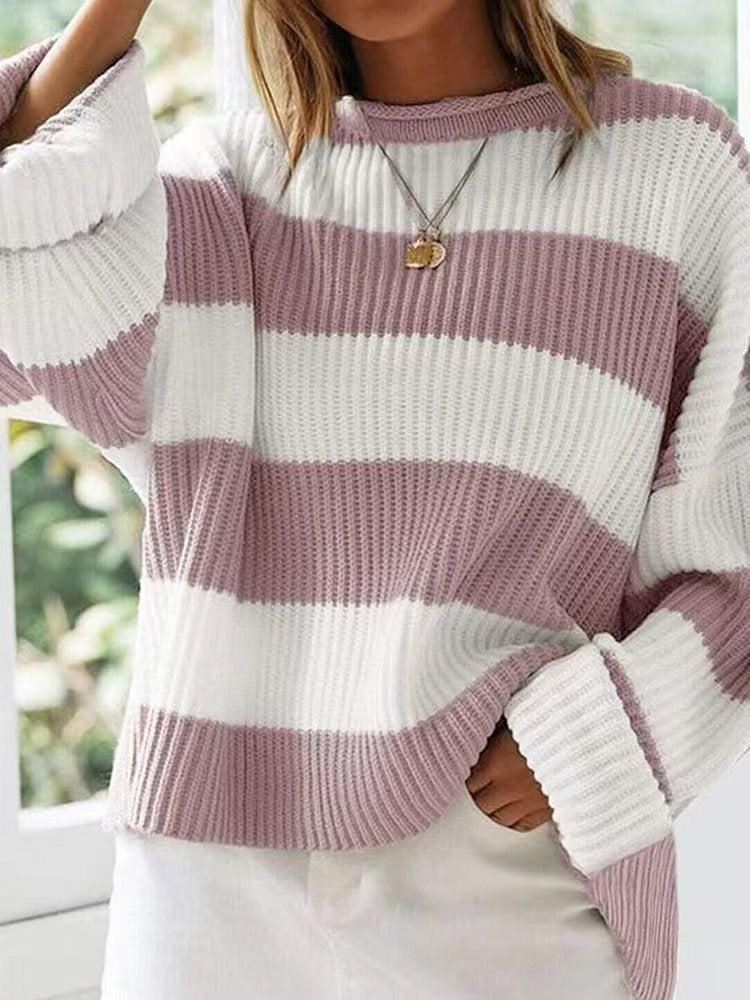 Damen Gestreifter Strickpullover mit weitem Schnitt Fudus
