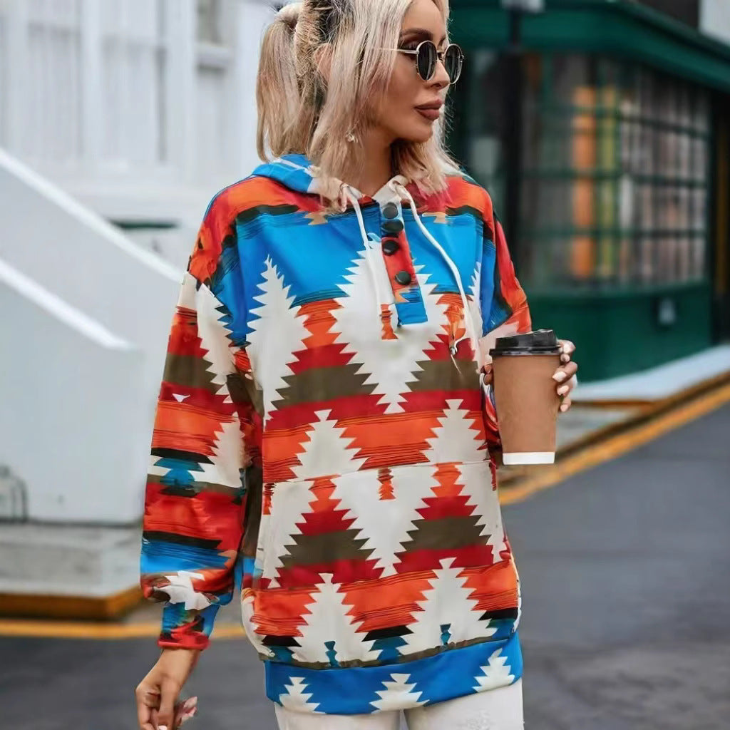 Damen Kapuzenpullover mit kreativem Farbmuster und praktischen Knöpfen Fudus