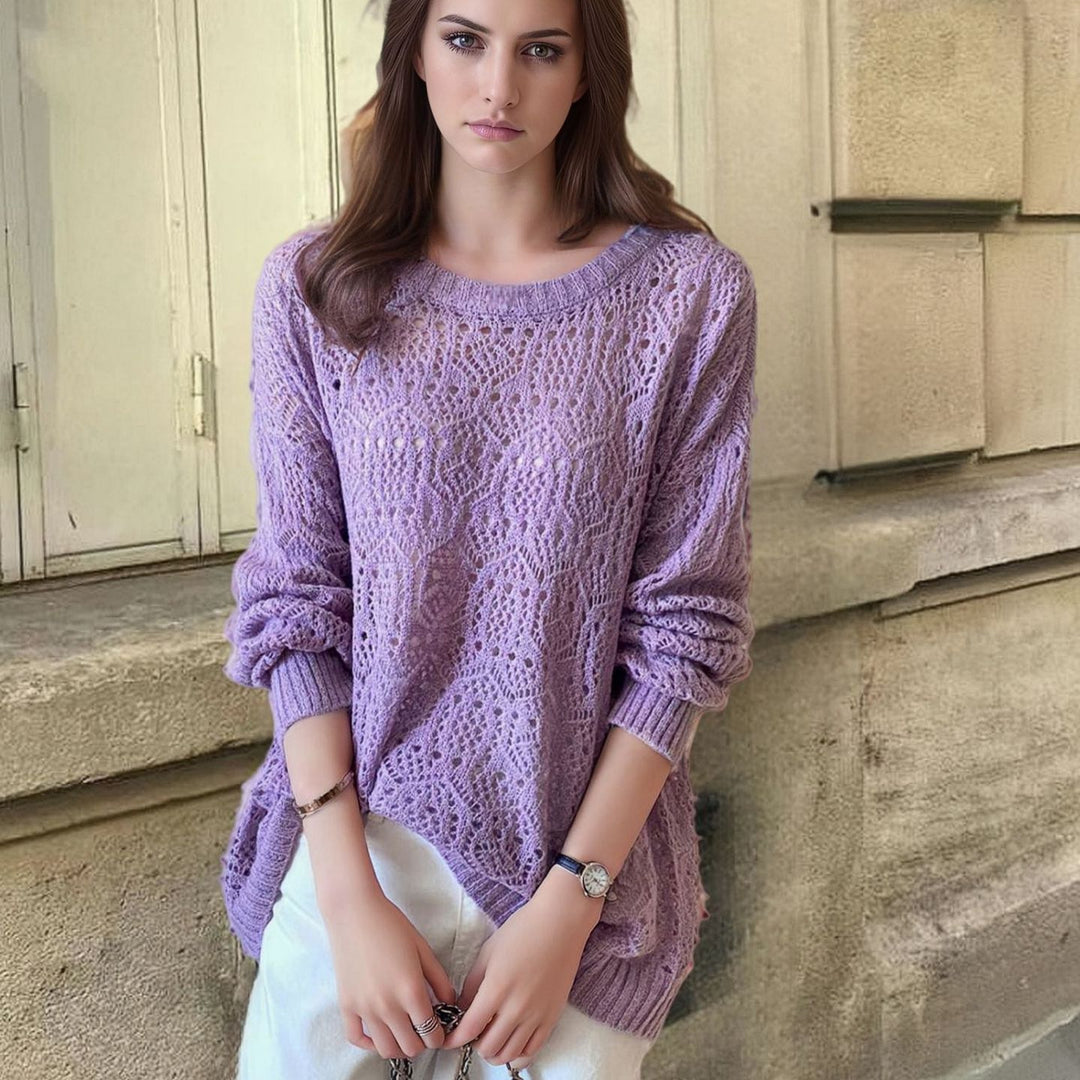 Damen Grobstrick Pullover im modernen Spitzenmuster Fudus