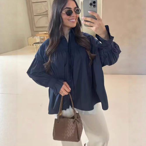 Damen lässige Bluse mit eleganten Rüschendetails und hohem Kragen Fudus