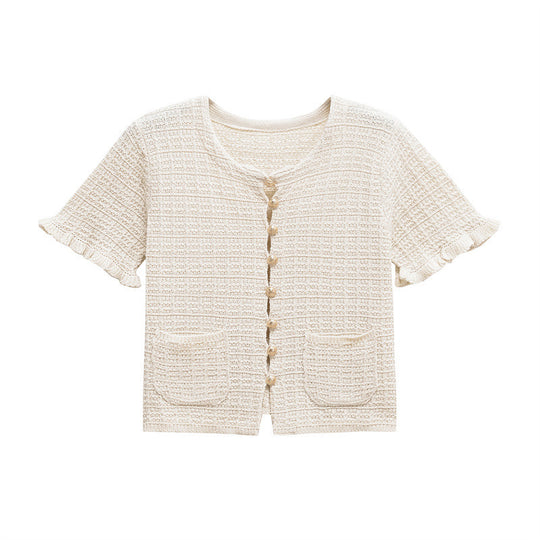 Damen kurzärmeliges Strickoberteil mit Rüschendetails und praktischen Taschen Fudus