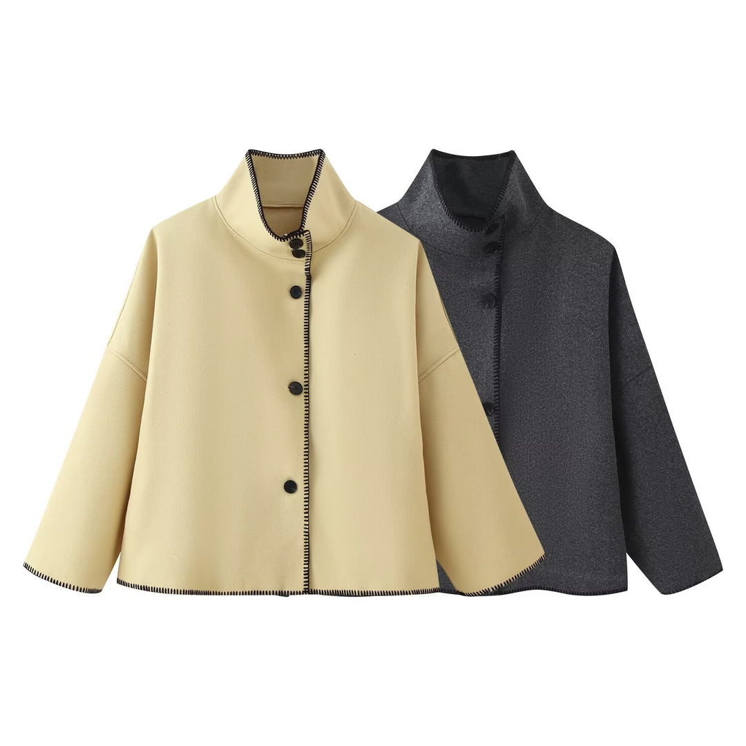 Damen lässige Jacke mit Stehkragen und Kontrastnähten Fudus