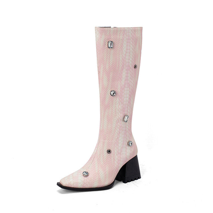 Damen Overknee Stiefel mit Schlangenlederoptik und blockfachem Absatz Fudus