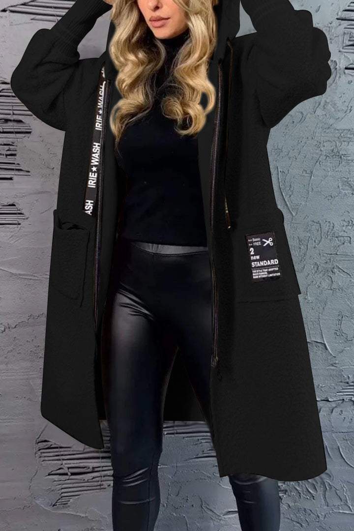 Damen Langhaarmantel mit Taschen und Kapuze Fudus