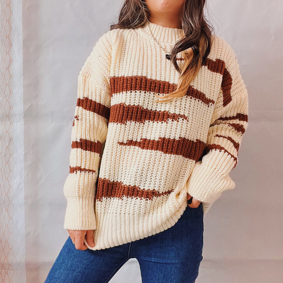 Damen Grobstrickpullover mit luxuriösem Muster und körperbetontem Schnitt Fudus