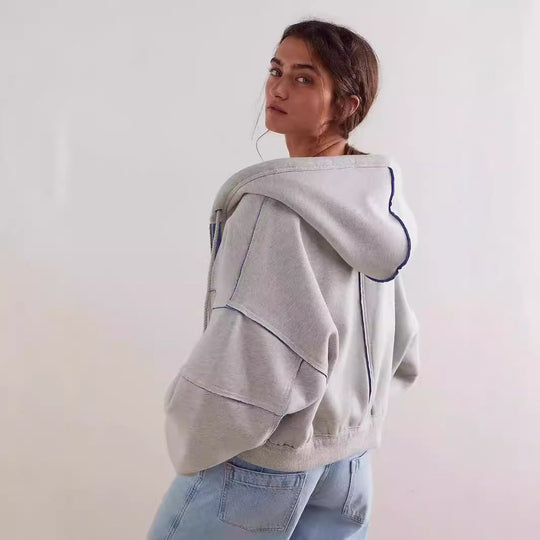 Damen Modischer Kapuzenpullover mit auffälligen Kontrastnähten und großzügigen Taschen Fudus