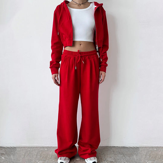 Damen modischer Cropped Hoodie und weit geschnittene Jogginghose Set Fudus