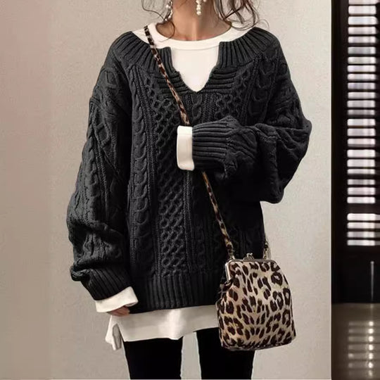 Damen Grobstrickpullover mit V-Ausschnitt und modischem Zopfdesign Fudus