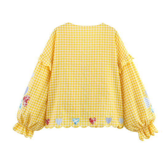 Damen lässige Bluse mit Rüschendetails und verspieltem Karomuster Fudus