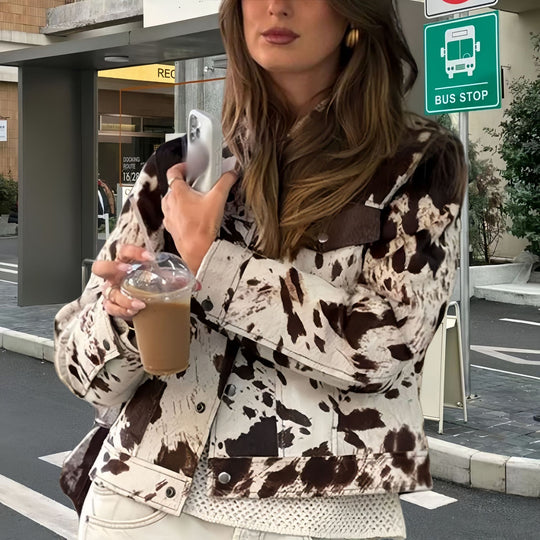 Damen Kunstlederjacke mit auffälligem Tierornament Fudus