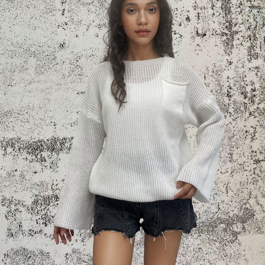 Damen Grobstrickpullover mit weitem Schnitt und praktischem Taschen Fudus