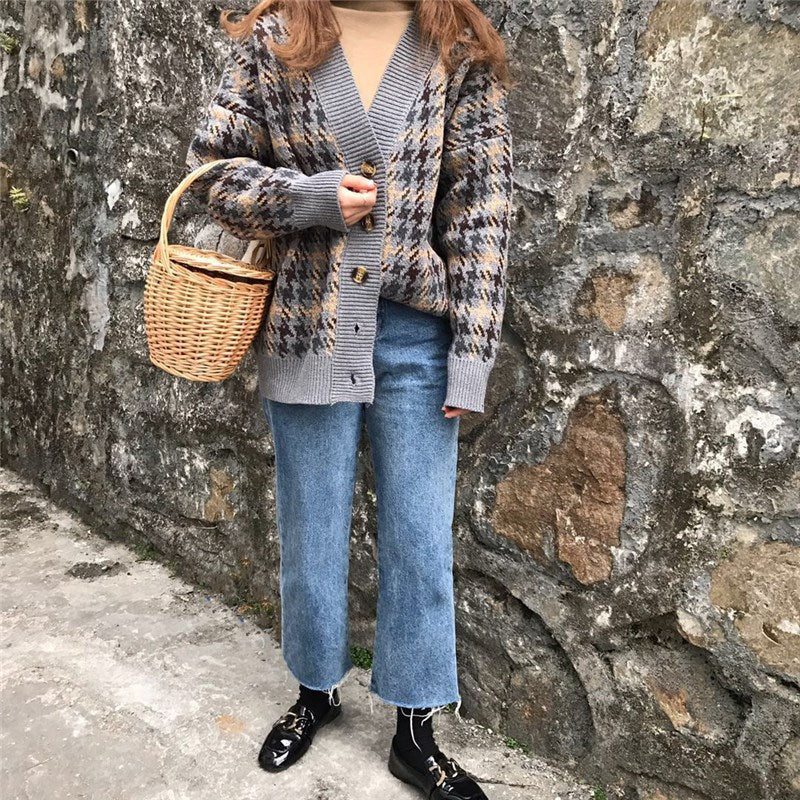 Damen Grobstrickcardigan mit Hahnentrittmuster und großen Holzknöpfen Fudus