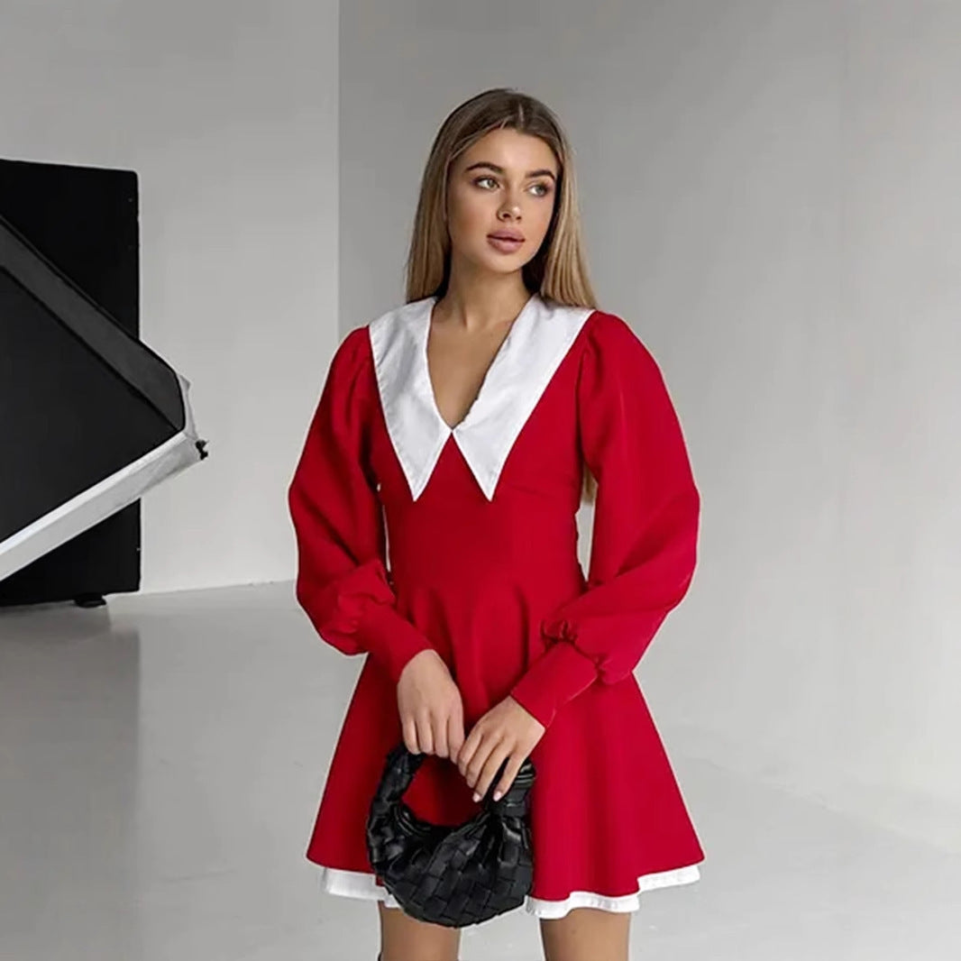 Damen Kleid mit kontrastierendem Kragen und Puffärmeln Fudus
