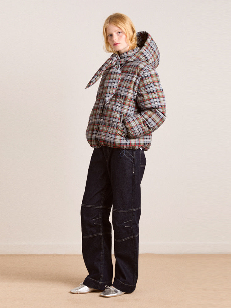 Damen Kurze Karierte Baumwolljacke mit Abnehmbarer Kapuze