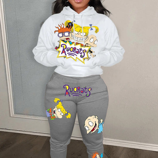 Damen Hoodie und Jogginghose Set mit farbenfrohen Cartoon-Motiven Fudus