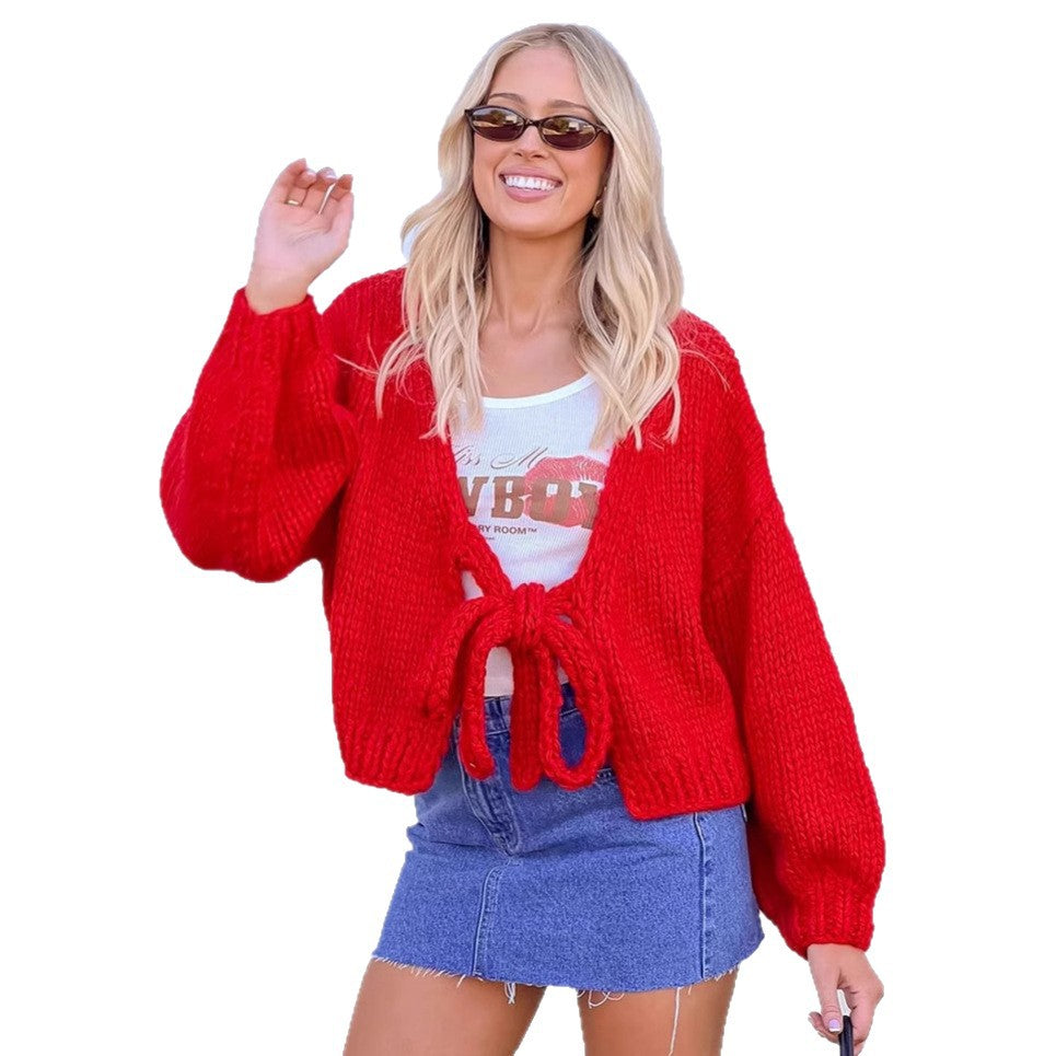 Damen lässige Strickjacke mit Bindeverschluss und weiten Ärmeln Fudus