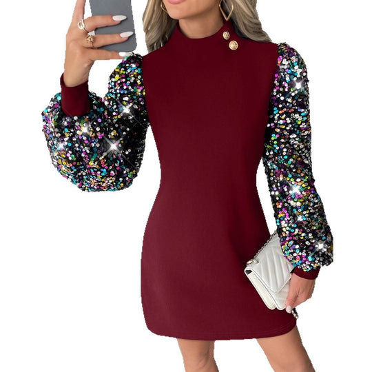 Damen Kleid mit glitzernden Puffärmeln Fudus