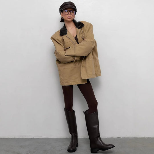 Damen lässige Oversized-Jacke mit ledernem Kragen und praktischen Taschen Fudus