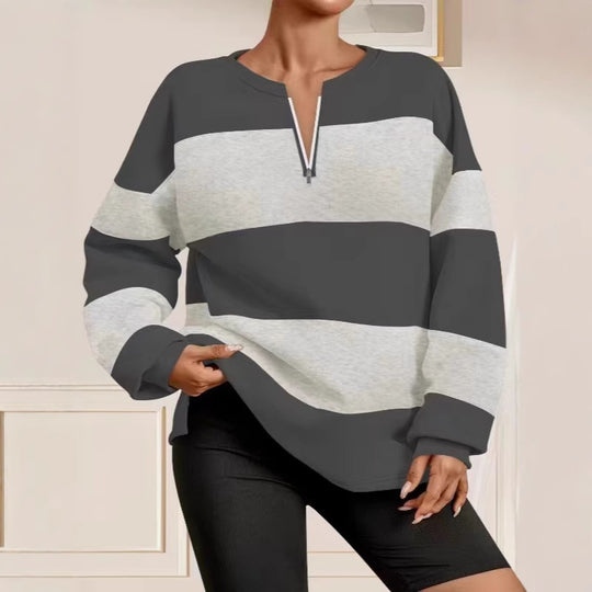 Damen Langarm Sweatshirt mit modernem Reißverschluss und gestreiftem Design Fudus