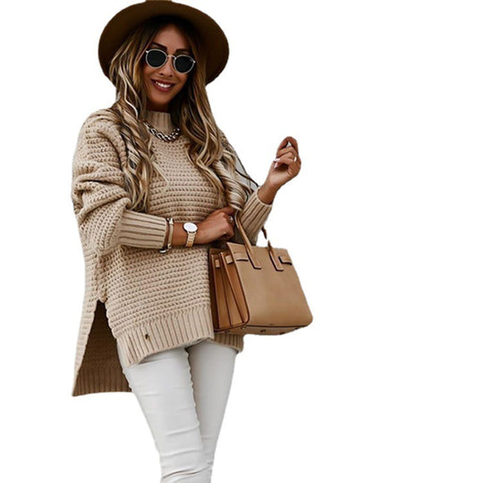 Damen Grobstrickpullover mit hohem Kragen und strukturiertem Design Fudus