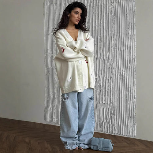 Damen lässige Strickjacke mit einzigartigen Stickerei-Details Fudus