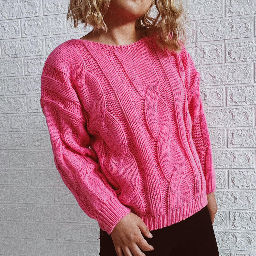 Damen Grobstrickpullover mit auffälligem Zopfmuster und weitem Schnitt Fudus