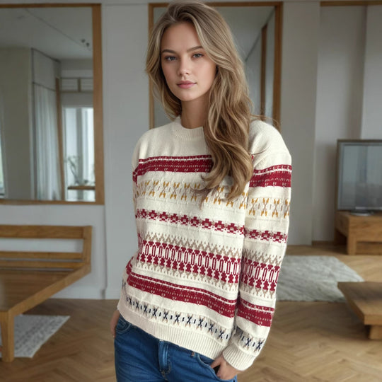 Damen Kuscheliger Strickpullover mit folkloristischem Muster und hohem Kragen Fudus