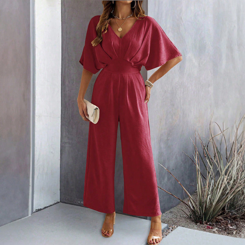 Damen Jumpsuit Weit Geschnitten V Ausschnitt Drapierungen Elegant
