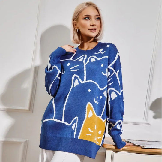 Damen Grobstrickpullover mit verspieltem Katzenmuster Fudus