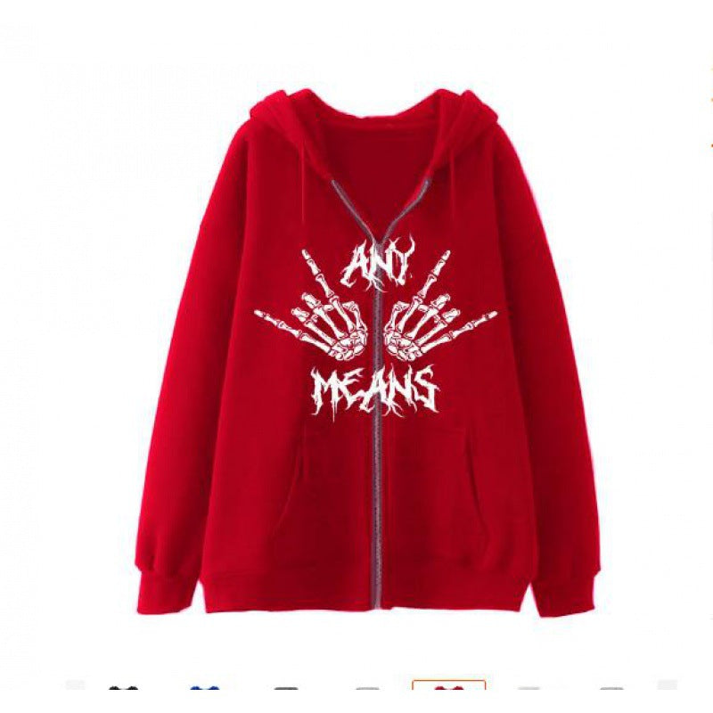Damen Kapuzensweatshirt mit kreativem Skelettmotiv und praktischem Reißverschluss Fudus