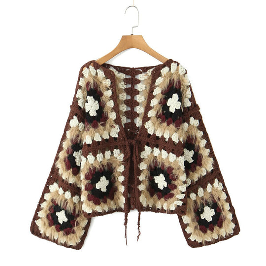 Damen lässige Strickjacke mit buntem Granny-Quadrat-Muster und Zipper Fudus