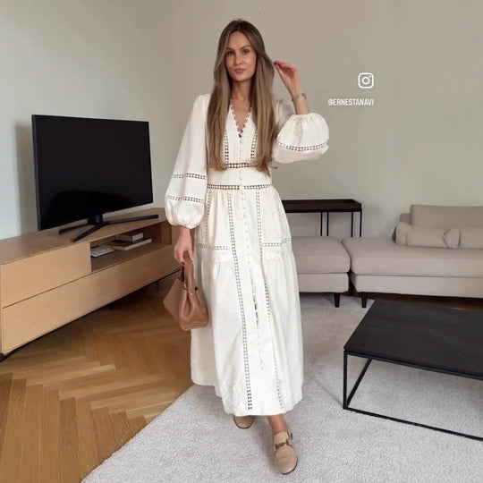 Damen langärmliges Maxikleid mit elegantem Spitzenbesatz und Rüschendetails Fudus