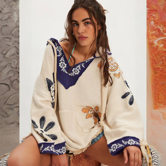 Damen Kapuzenponcho mit bunten Stickereien und fransigen Abschlüssen Fudus