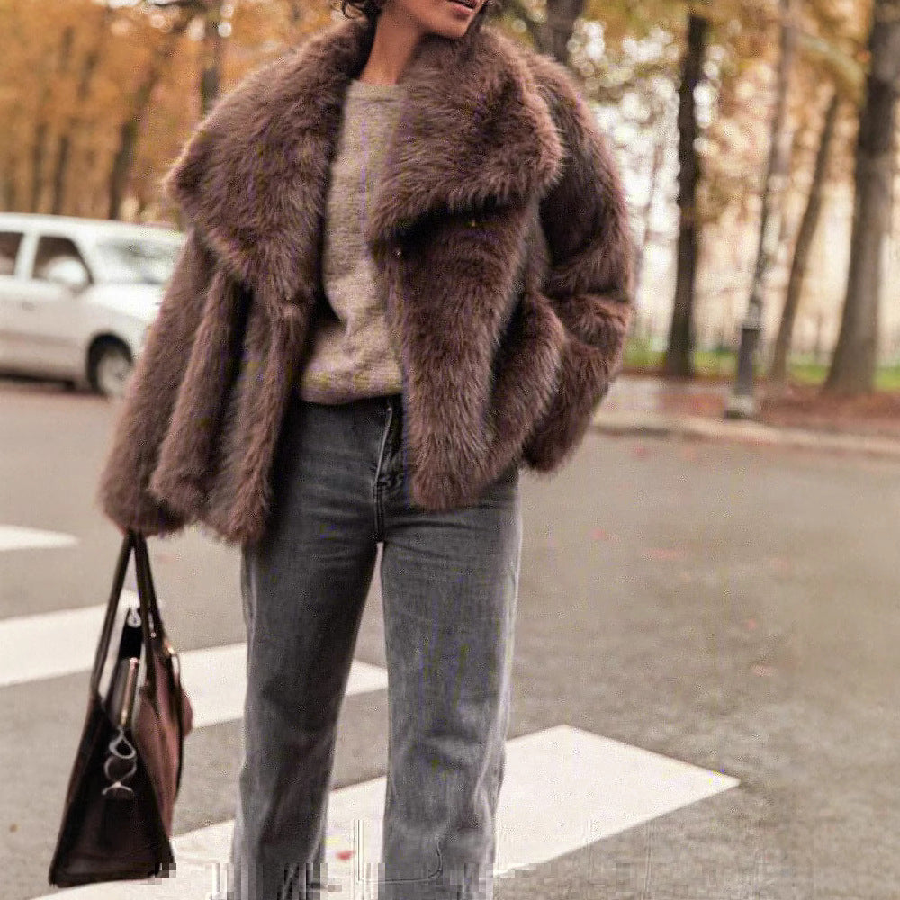 Damen Kunstfelljacke mit breitem Kragen und luxuriösem Schnitt Fudus
