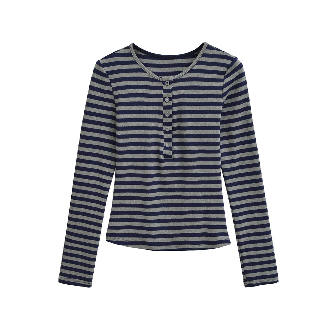 Damen langärmliges gestreiftes Oberteil mit Knopfdetail Fudus