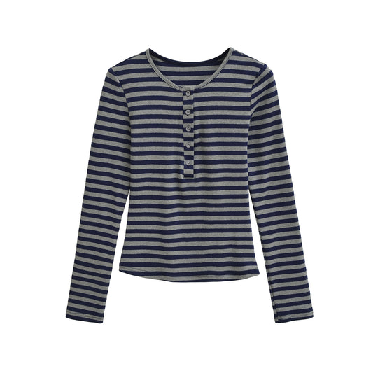 Damen langärmliges gestreiftes Oberteil mit Knopfdetail Fudus