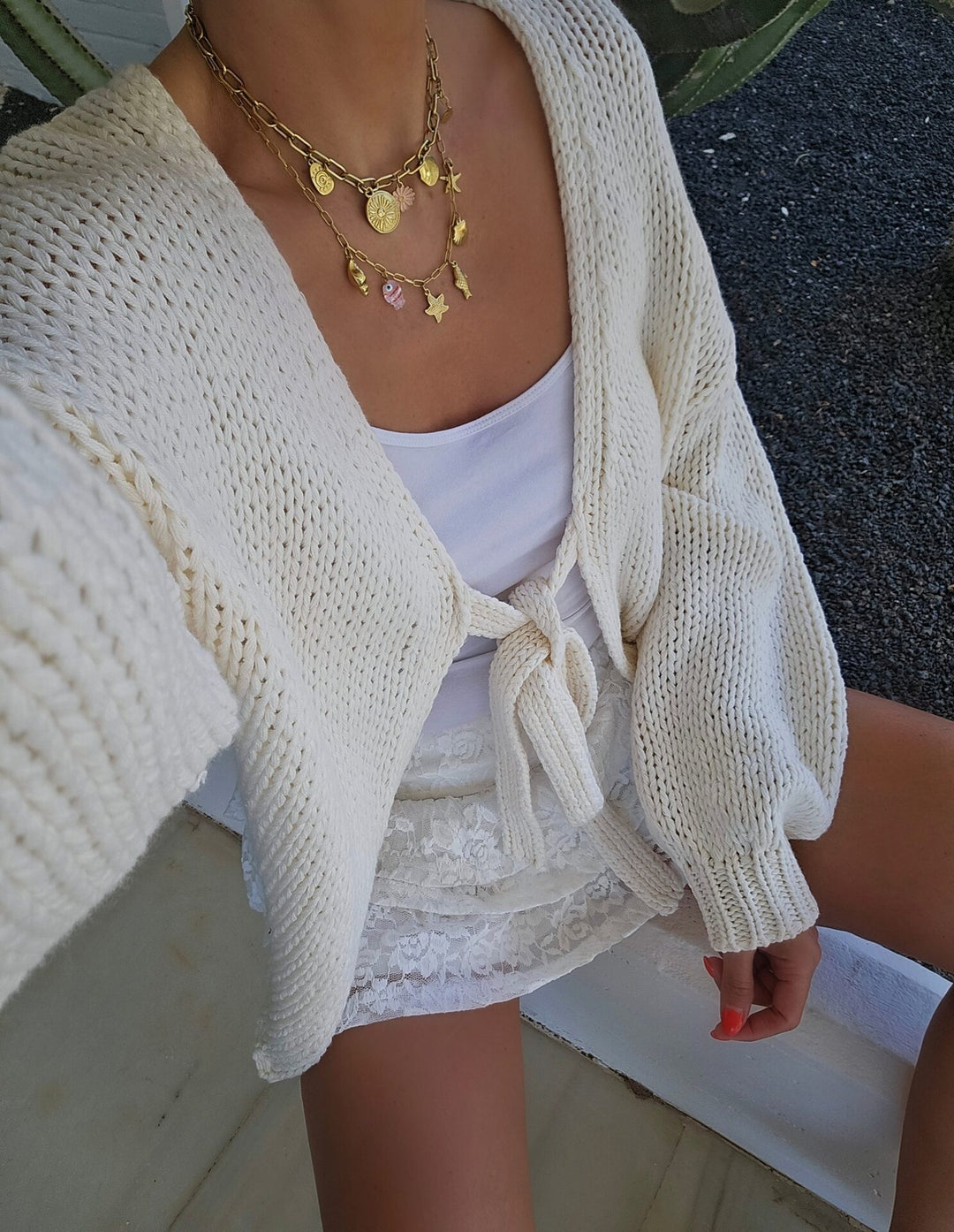 Damen lässige Strickjacke mit Bindeverschluss und weiten Ärmeln Fudus