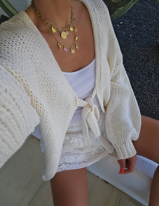 Damen lässige Strickjacke mit Bindeverschluss und weiten Ärmeln Fudus