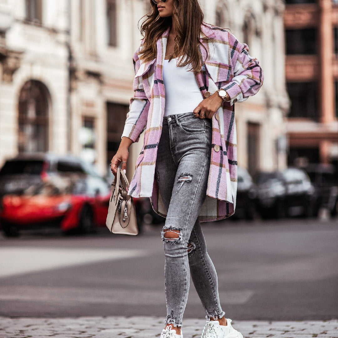 Damen Karierte Overshirt-Jacke mit praktischen Brusttaschen Fudus
